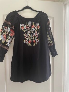 Free People Black Strapless Dress with Multicolor Floral Embroidery